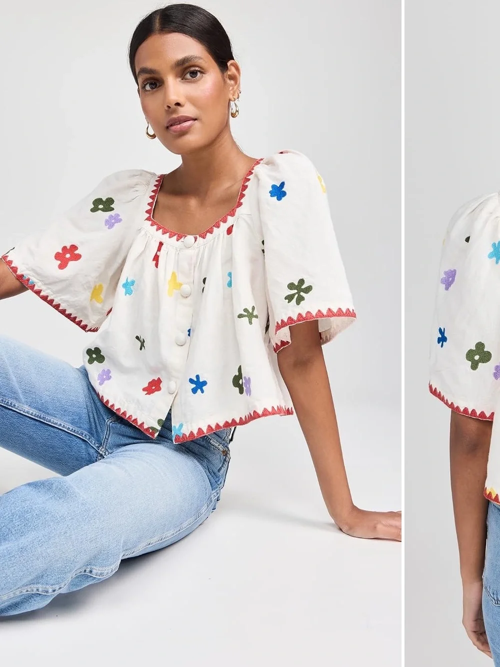 RHODE White Cropped Peasant Top with Multicolor Flower Embroidery - Picture 2 of 8